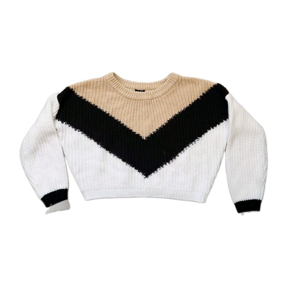 Rue21 Colorblock Knit Sweater White Black Tan Crewneck Long Sleeve Womens Sz XS